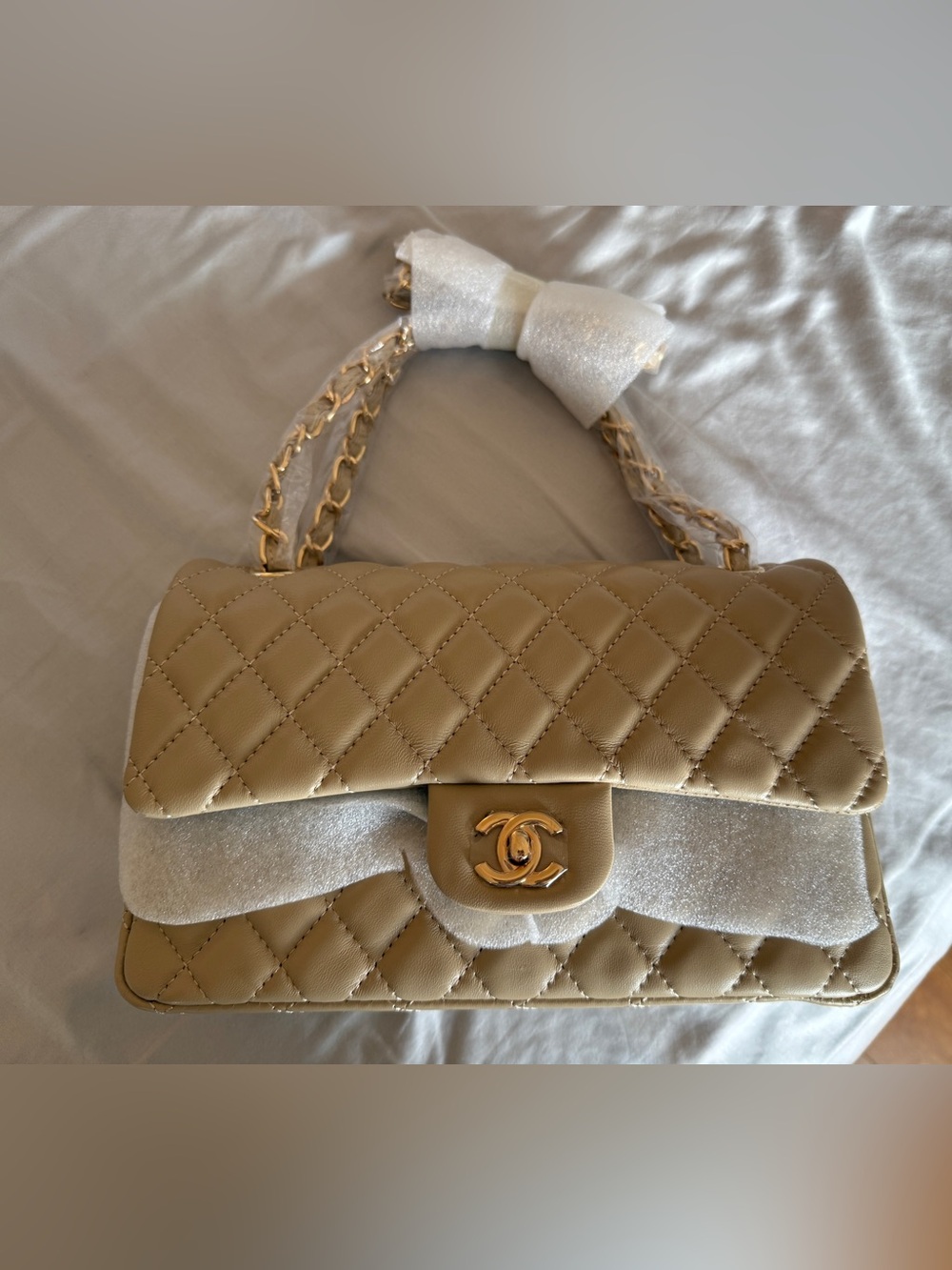 Beige leather Flap Front Bag Leather Bag Purse Handbag New Chain 10” X 7” X 3”
